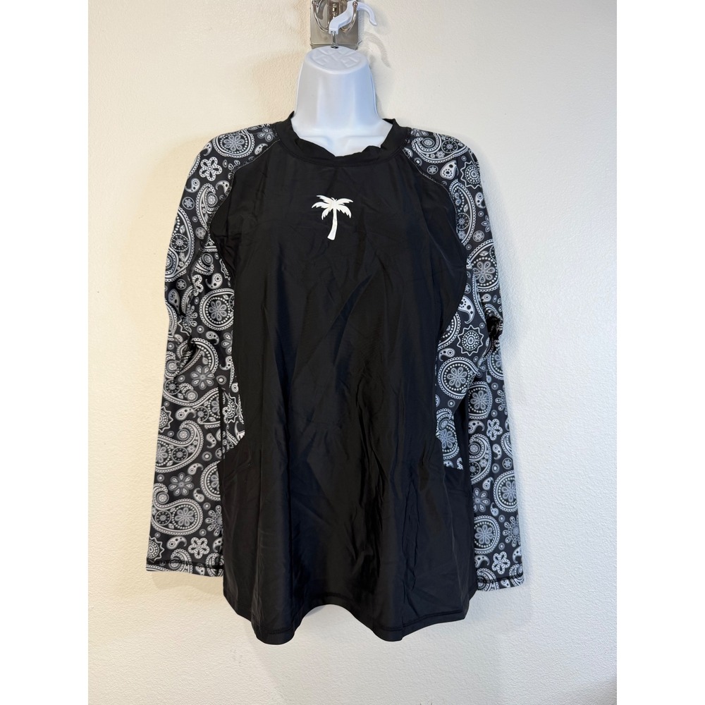 Halcurt Womens 1X Rash Guard Black White Paisley Palm Tree Long Sleeve Swim Top